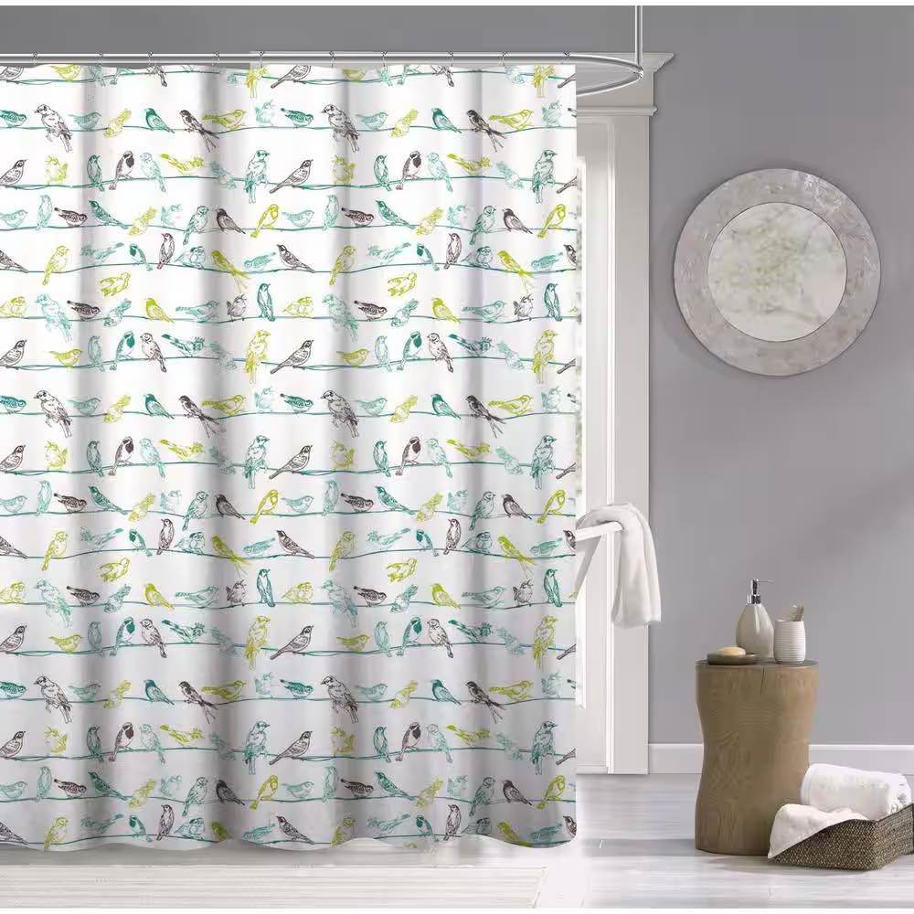 72-inch 100-Percent Cotton Fabric Shower Curtain with Teal Beige Black Birds - Loft&Timber