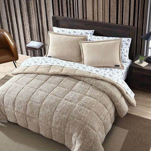 Full/Queen Plush Sherpa Reversible Micro Suede Comforter Set in Beige - Loft&Timber