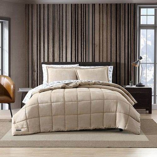 Full/Queen Plush Sherpa Reversible Micro Suede Comforter Set in Beige - Loft&Timber