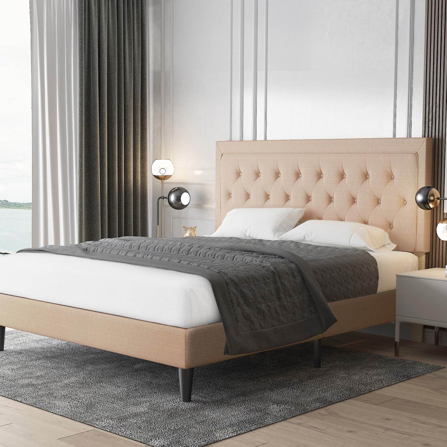 Full size Beige Linen Platform Bed Frame with Button Tufted Headboard - Loft&Timber