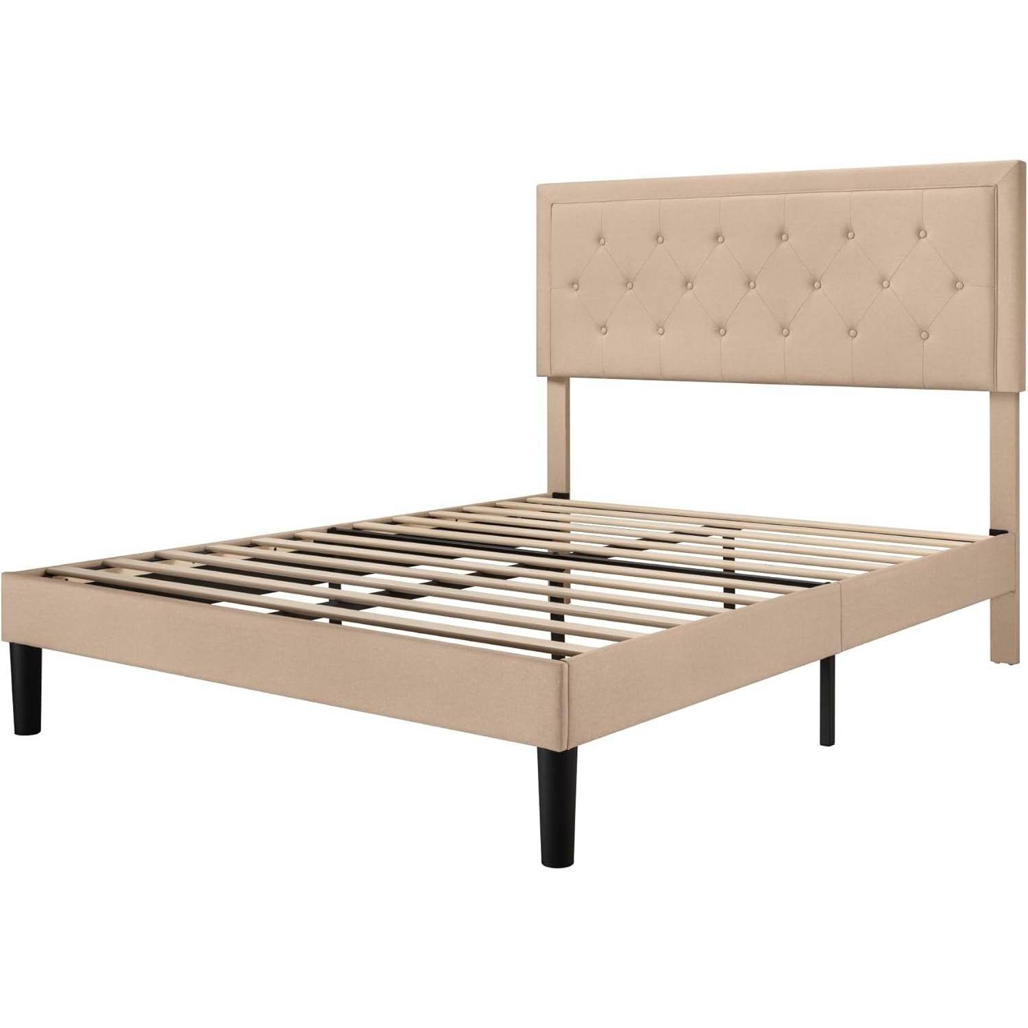 Full size Beige Linen Platform Bed Frame with Button Tufted Headboard - Loft&Timber