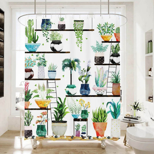 72-in. Watercolor Plants Botanical Floral Flower Pots Succulents Shower Curtain - Loft&Timber