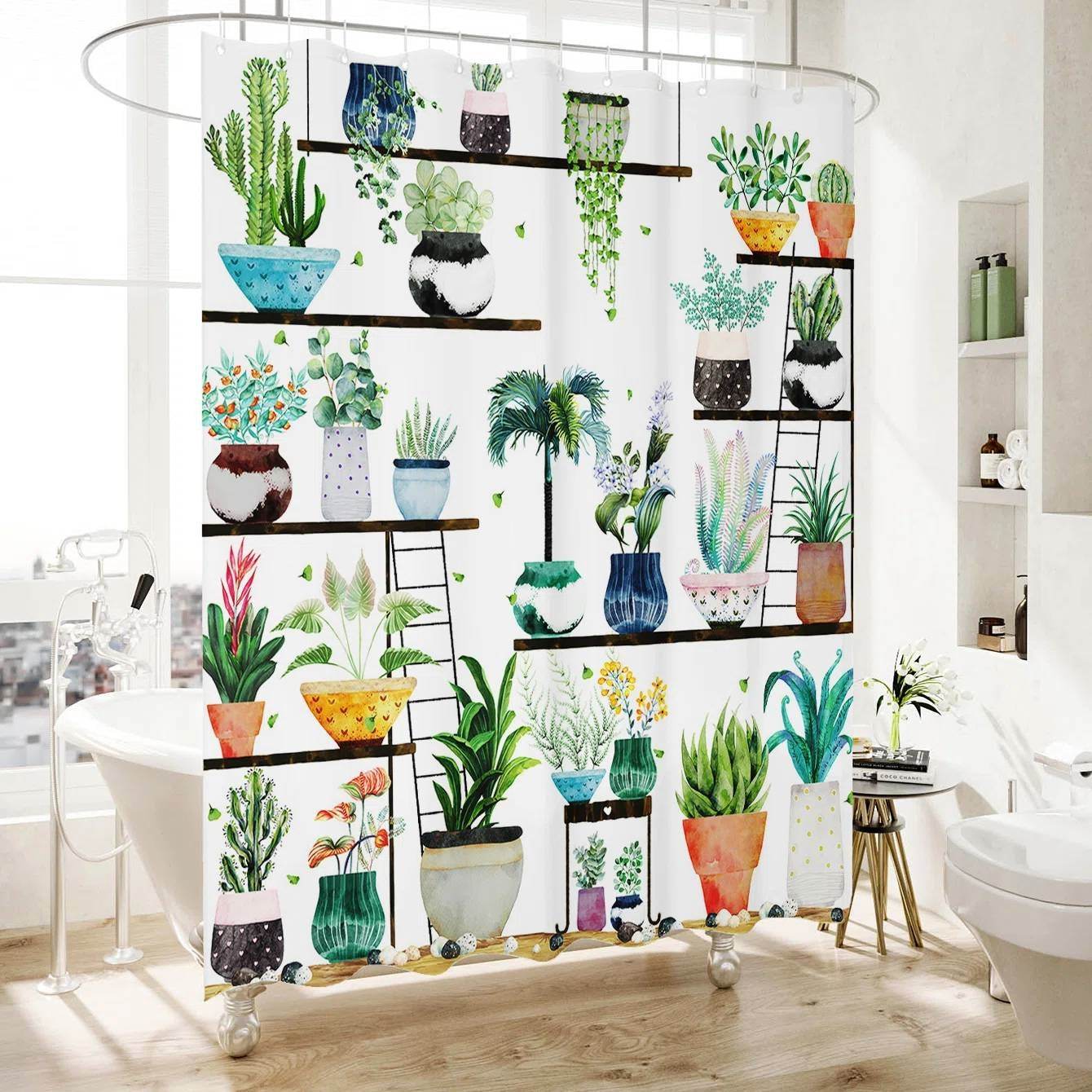 72-in. Watercolor Plants Botanical Floral Flower Pots Succulents Shower Curtain - Loft&Timber