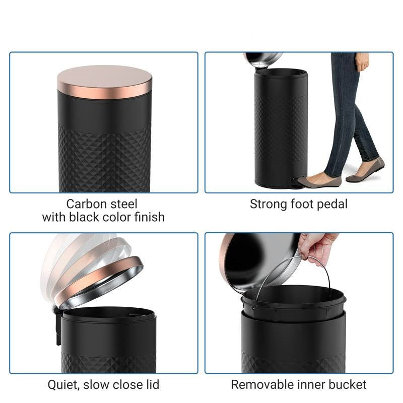 Hands Free Black/Gold Metal Step On Trash Can - 8 Gallons-3