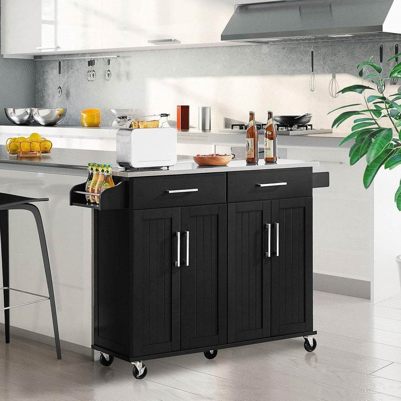 Black Kitchen Island Cart with Stainless Steel Top 2 Drawers and Cabinet - Loft&Timber