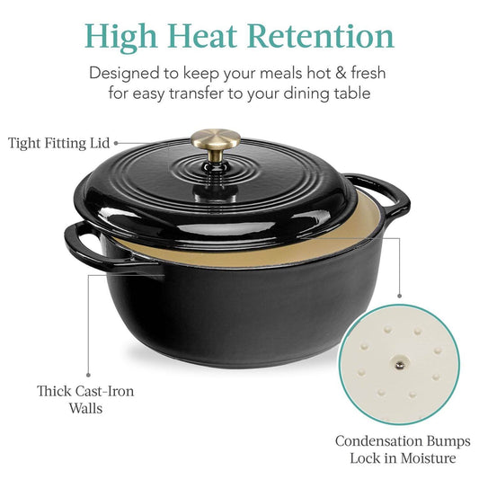 6 Quart Large Black Enamel Cast-Iron Dutch Oven Kitchen Cookware - Loft&Timber