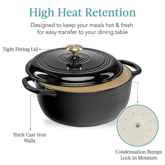 6 Quart Large Black Enamel Cast-Iron Dutch Oven Kitchen Cookware - Loft&Timber