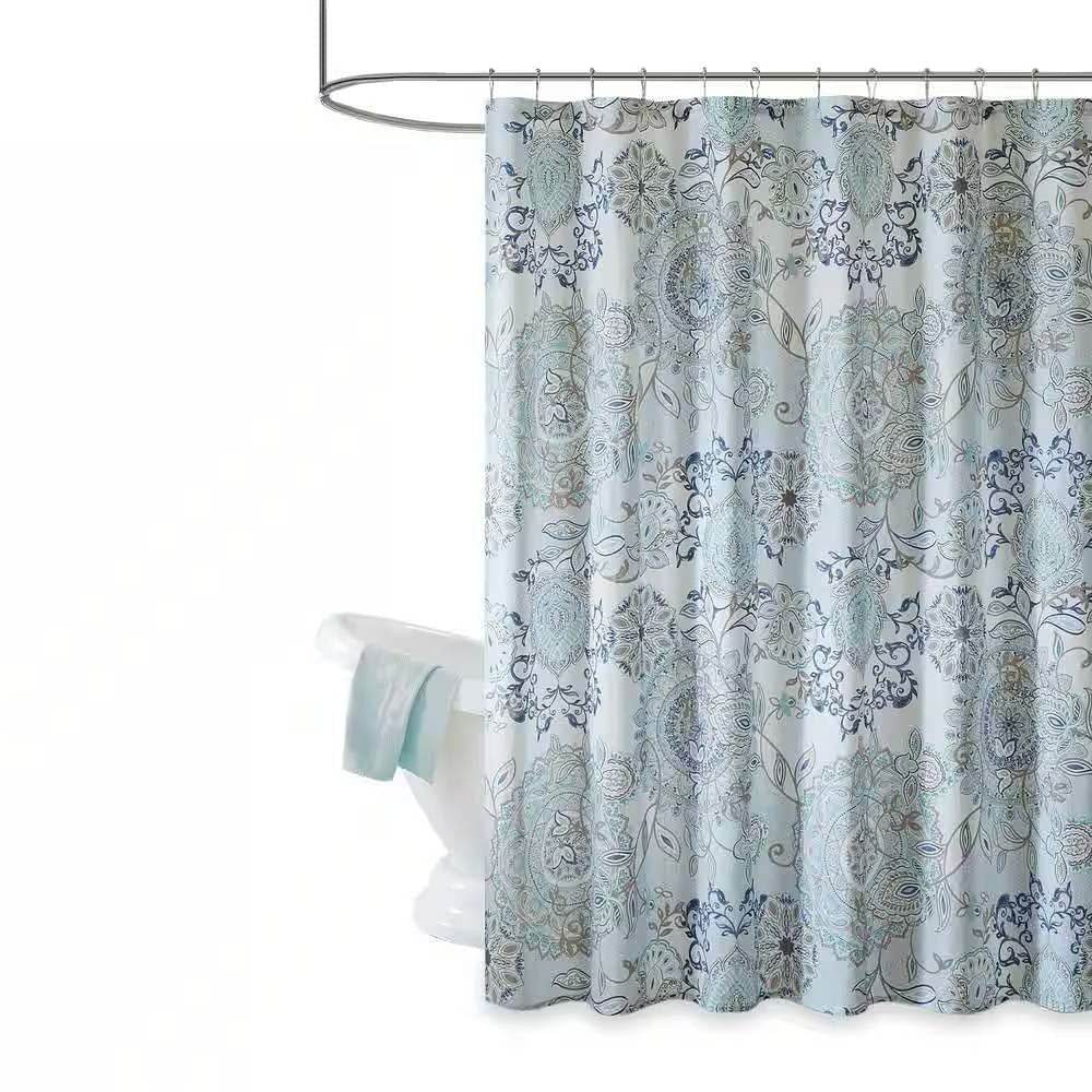 72-inch Cotton Shower Curtain with Blue Watercolor Paisley Floral Motif - Loft&Timber