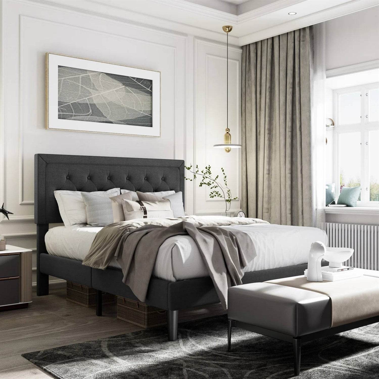 Full size Black Linen Upholstered Platform Bed with Button-Tufted Headboard - Loft&Timber