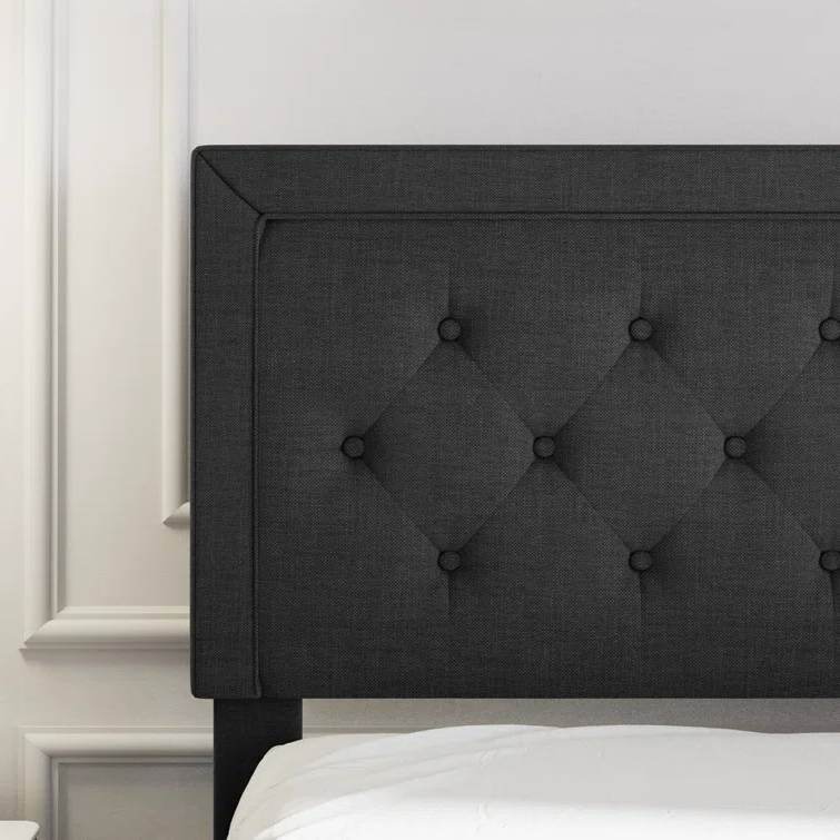 Full size Black Linen Upholstered Platform Bed with Button-Tufted Headboard - Loft&Timber