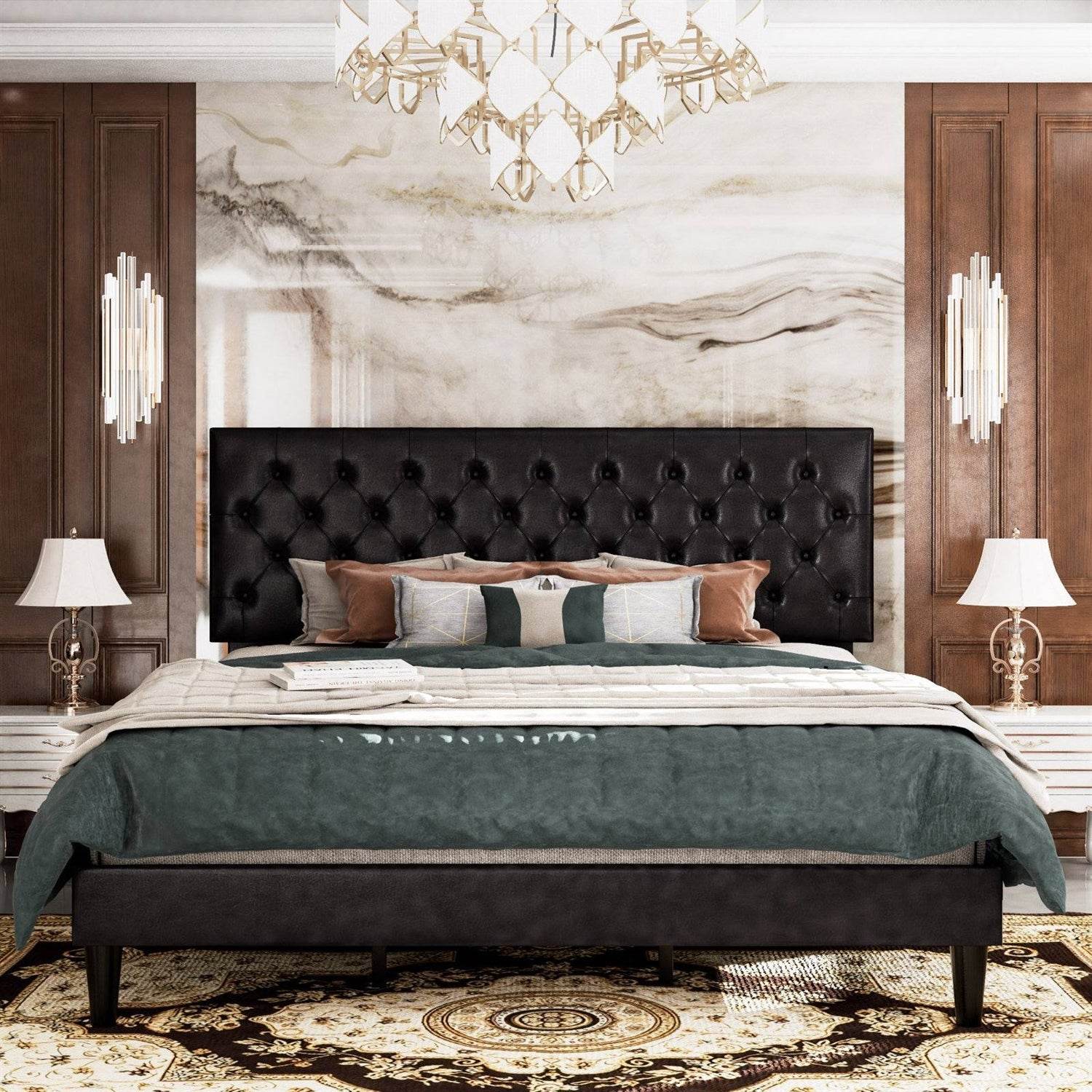 Full Black Faux Leather Upholstered Platform Bed with Button-Tufted Headboard - Loft&Timber