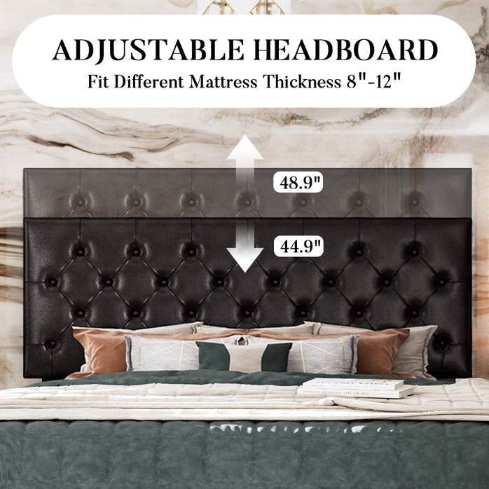 Full Black Faux Leather Upholstered Platform Bed with Button-Tufted Headboard - Loft&Timber