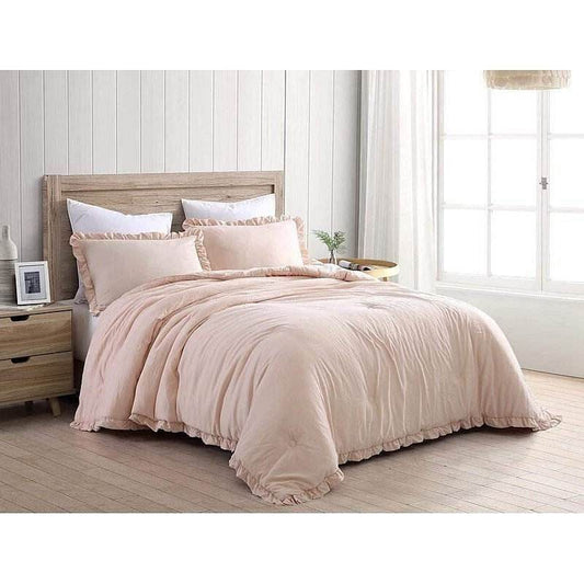 Full Size Pink Stone Washed Ruffled Edge Microfiber Comforter Set - Loft&Timber