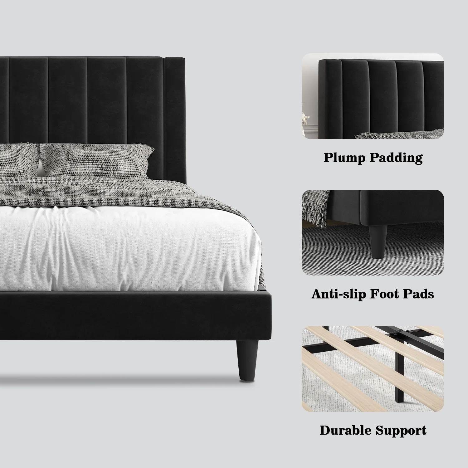 Full size Modern Black Velvet Upholstered Platform Bed with Headboard - Loft&Timber