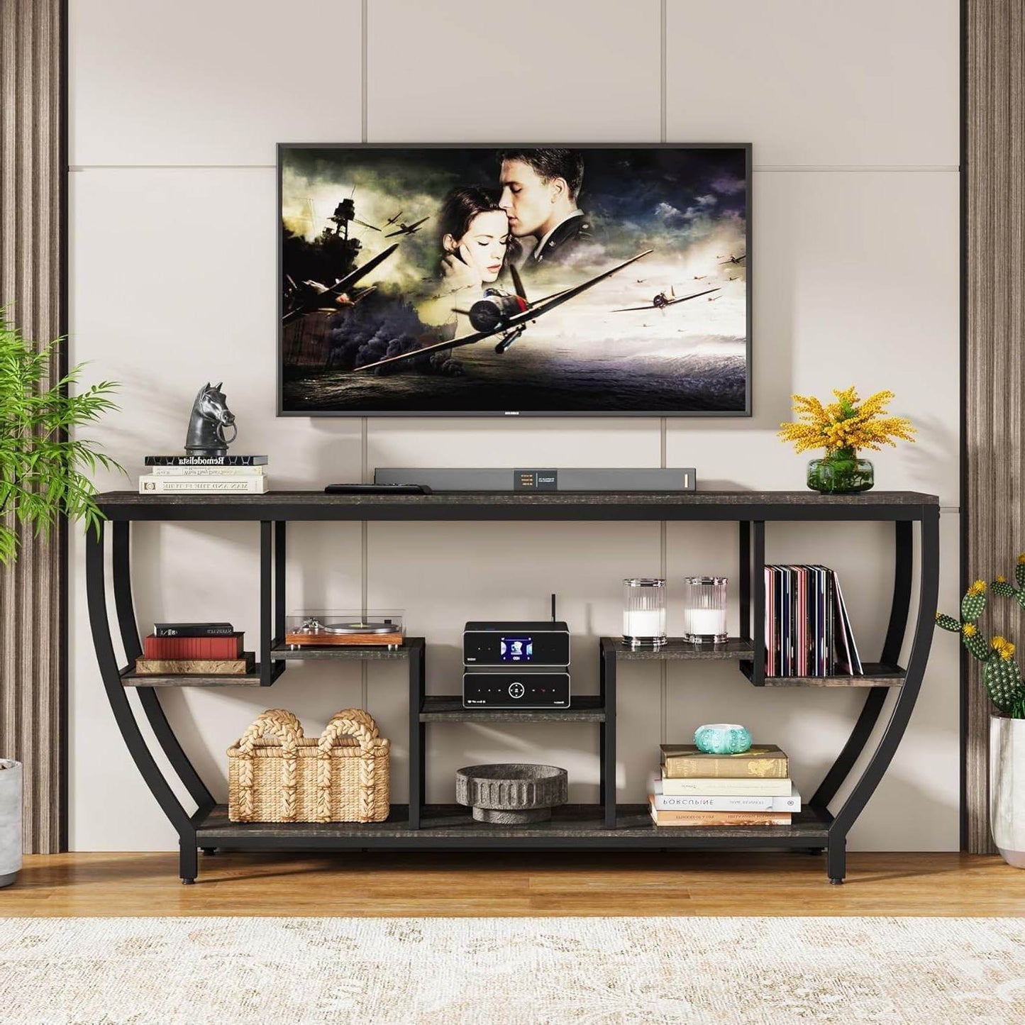 Modern Industrial 70-inch Long Narrow Console Sofa Table with Black Wood Shelves - Loft&Timber