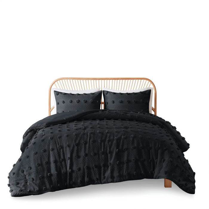 King/Cal King 3 Piece Pompom Microfiber Hypoallergenic Comforter Set in Black - Loft&Timber