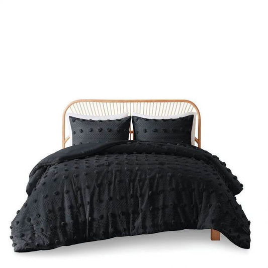 King/Cal King 3 Piece Pompom Microfiber Hypoallergenic Comforter Set in Black - Loft&Timber