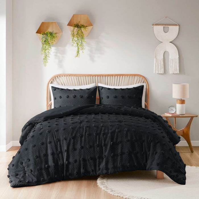 King/Cal King 3 Piece Pompom Microfiber Hypoallergenic Comforter Set in Black - Loft&Timber