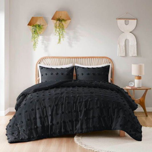 King/Cal King 3 Piece Pompom Microfiber Hypoallergenic Comforter Set in Black - Loft&Timber