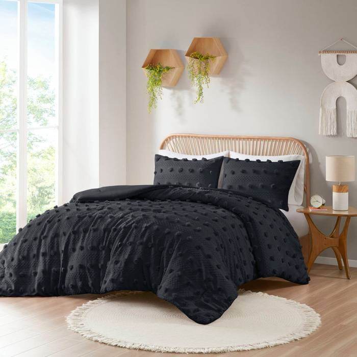 King/Cal King 3 Piece Pompom Microfiber Hypoallergenic Comforter Set in Black - Loft&Timber