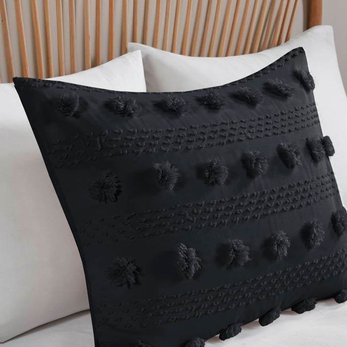 King/Cal King 3 Piece Pompom Microfiber Hypoallergenic Comforter Set in Black - Loft&Timber