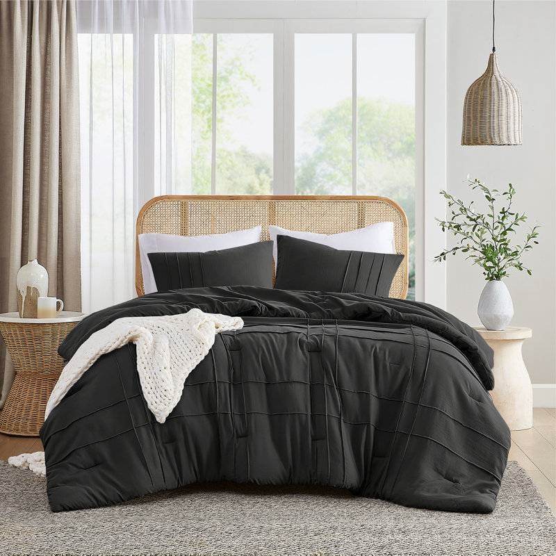 King size Pre-Washed Pleated Microfiber Comforter Set in Black - Loft&Timber