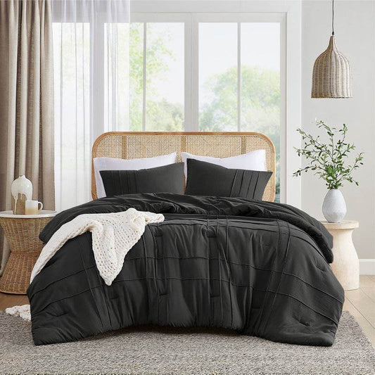King size Pre-Washed Pleated Microfiber Comforter Set in Black - Loft&Timber