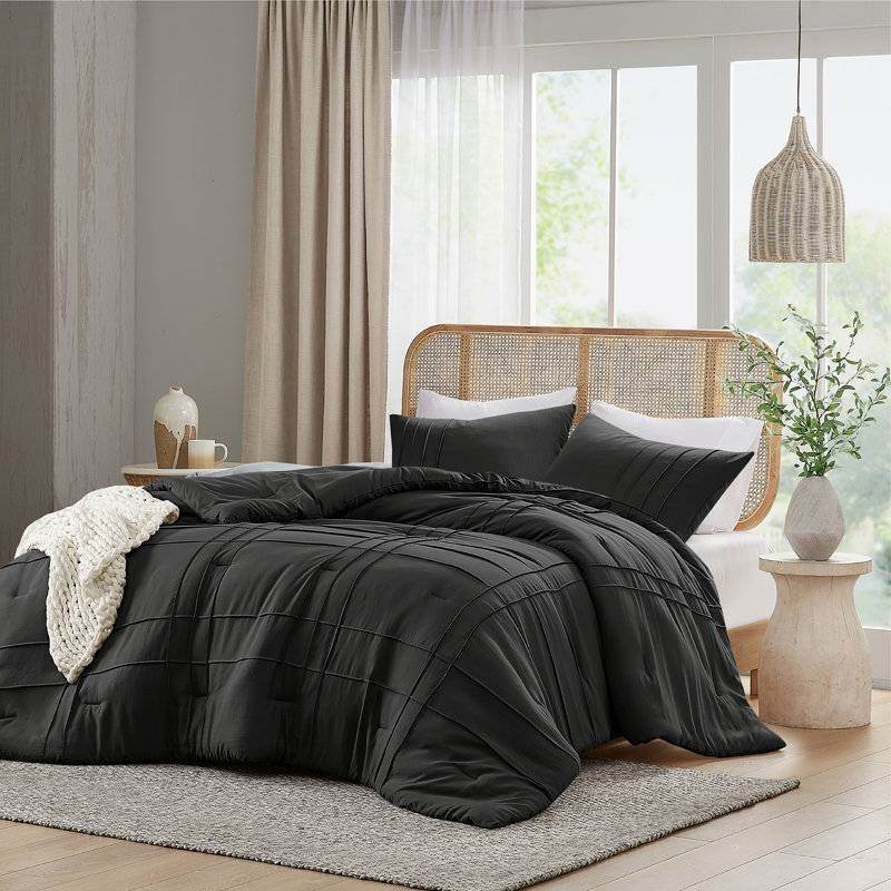 King size Pre-Washed Pleated Microfiber Comforter Set in Black - Loft&Timber
