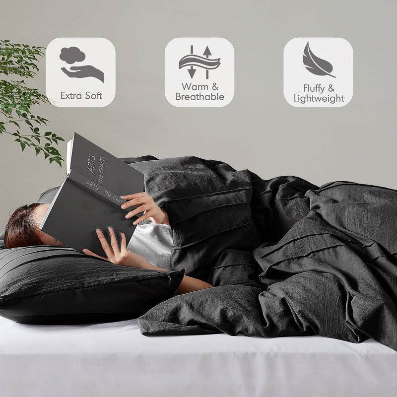 King size Pre-Washed Pleated Microfiber Comforter Set in Black - Loft&Timber