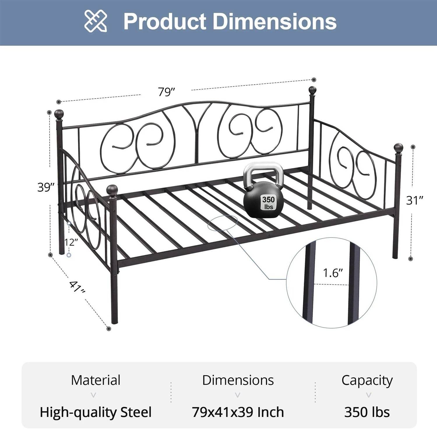 Twin size Victorian Black Metal Daybed Frame - 350 lbs. Weight Capacity - Loft&Timber