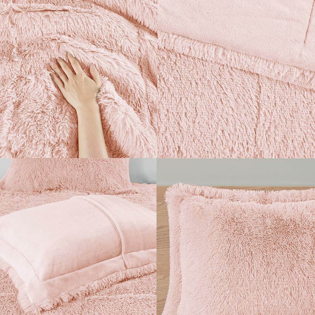 Full/Queen Pink Blush Soft Sherpa Faux Fur 3-Piece Comforter Set - Loft&Timber