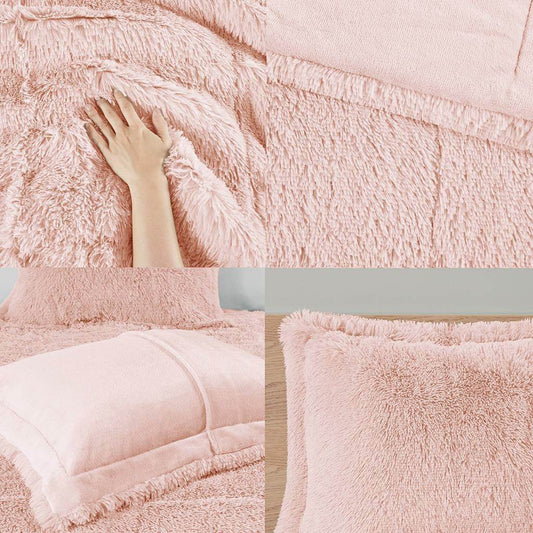 Full/Queen Pink Blush Soft Sherpa Faux Fur 3-Piece Comforter Set - Loft&Timber