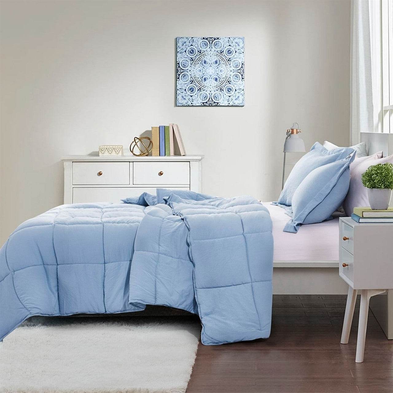Queen Size Blue 3 Piece Microfiber Reversible Comforter Set - Loft&Timber