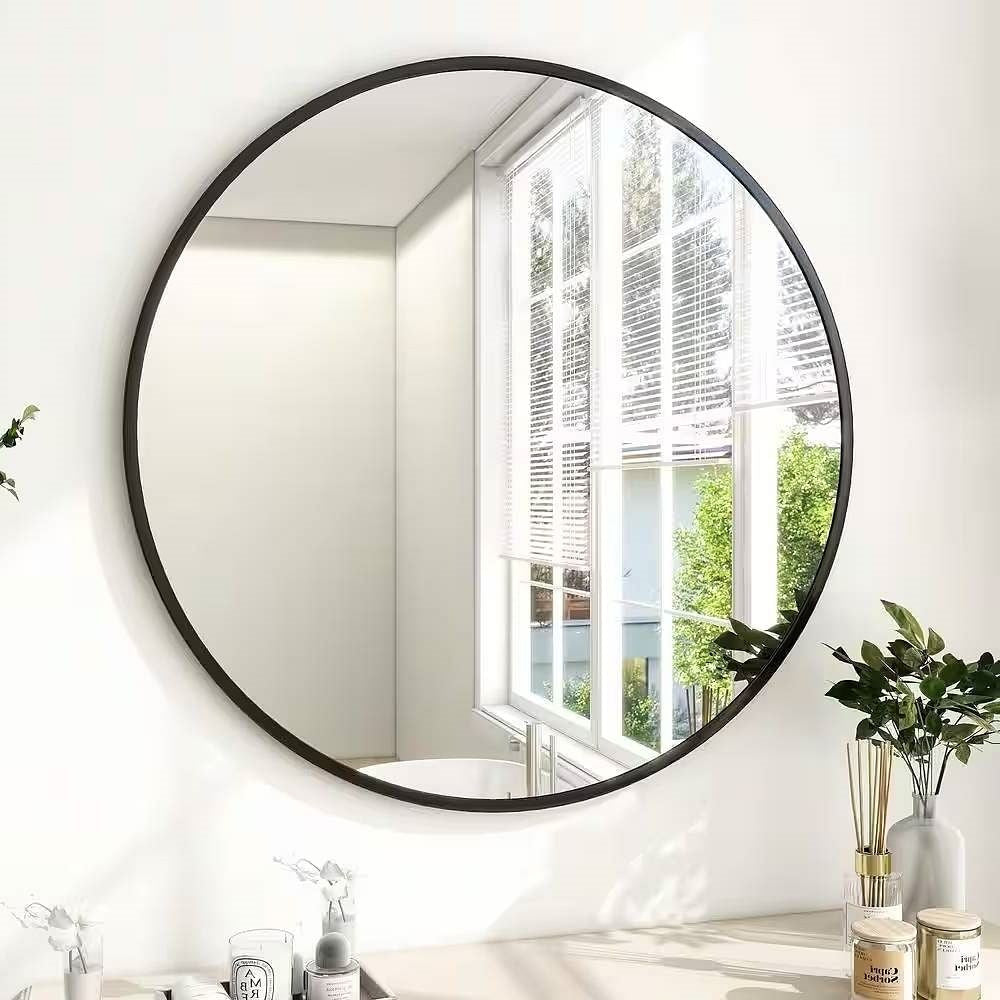 Round 30-inch Circular Bathroom Wall Mirror with Black Frame-2