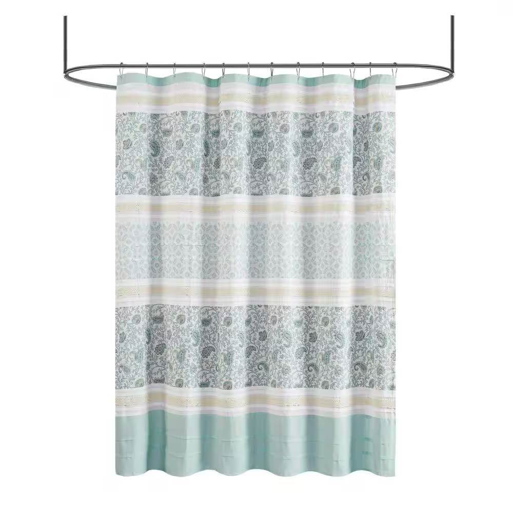 72 x 72-in Cotton Shower Curtain with Teal Blue Grey Cream White Paisley Pattern - Loft&Timber