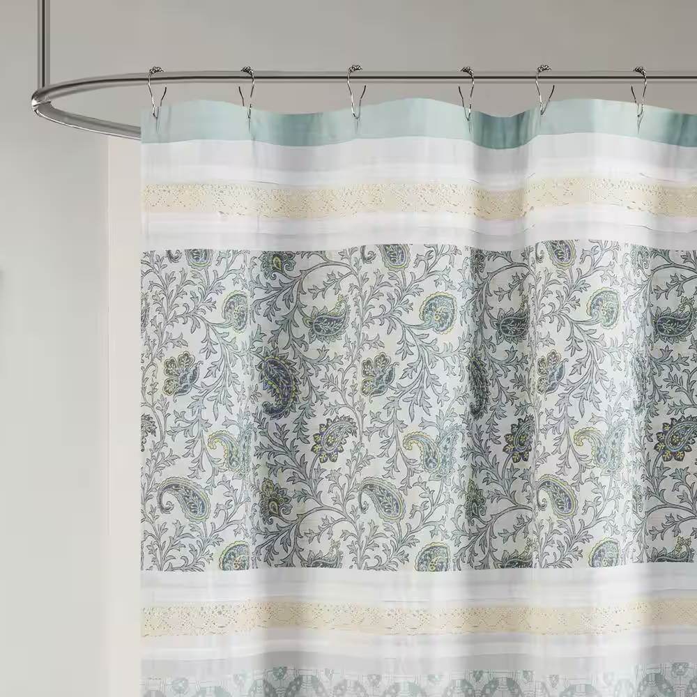 72 x 72-in Cotton Shower Curtain with Teal Blue Grey Cream White Paisley Pattern - Loft&Timber