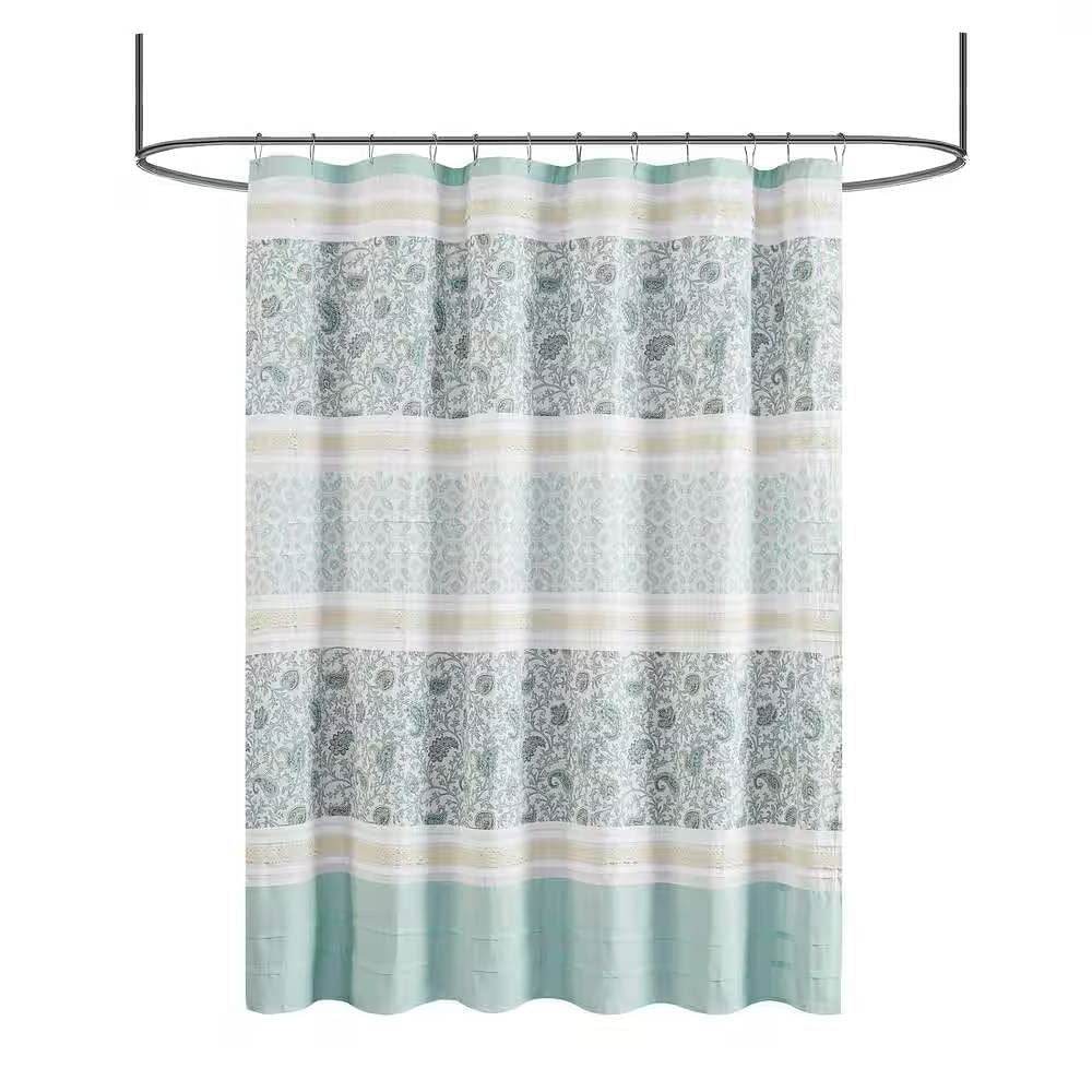 72 x 72-in Cotton Shower Curtain with Teal Blue Grey Cream White Paisley Pattern - Loft&Timber