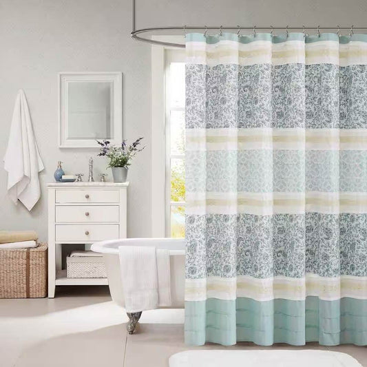 72 x 72-in Cotton Shower Curtain with Teal Blue Grey Cream White Paisley Pattern - Loft&Timber