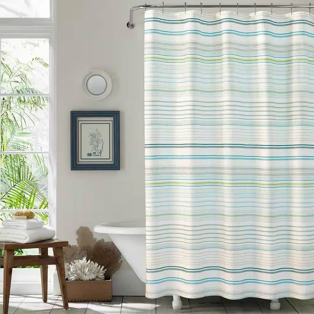 72-inch Sea Breeze Blue Green White Cabana Stripe Cotton Shower Curtain - Loft&Timber