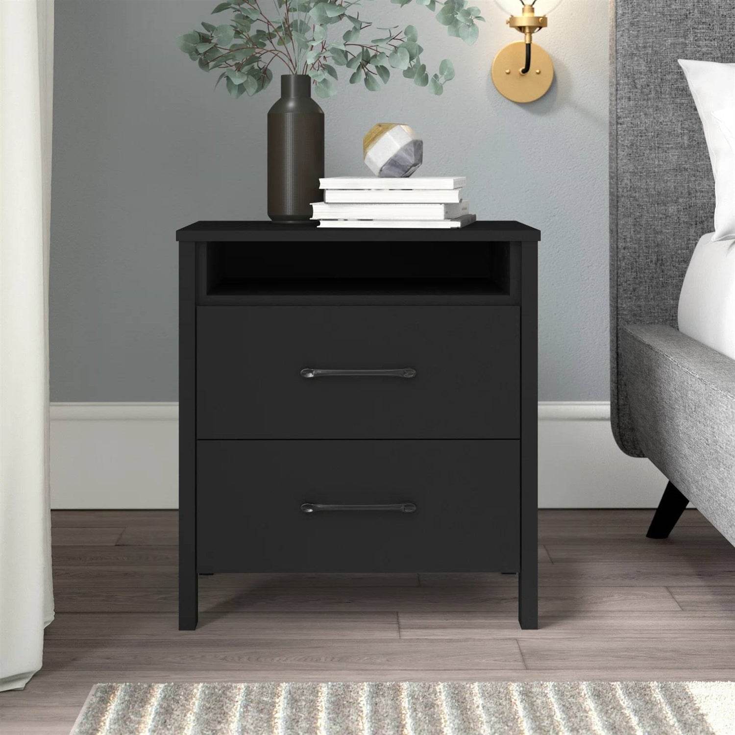 Modern 2-Drawer Nightstand Bedside Table in Black Wood Finish - Loft&Timber