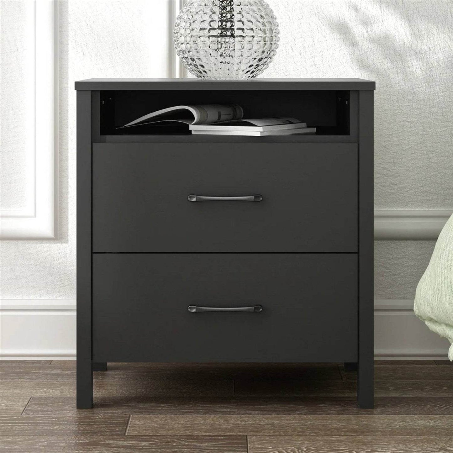 Modern 2-Drawer Nightstand Bedside Table in Black Wood Finish - Loft&Timber