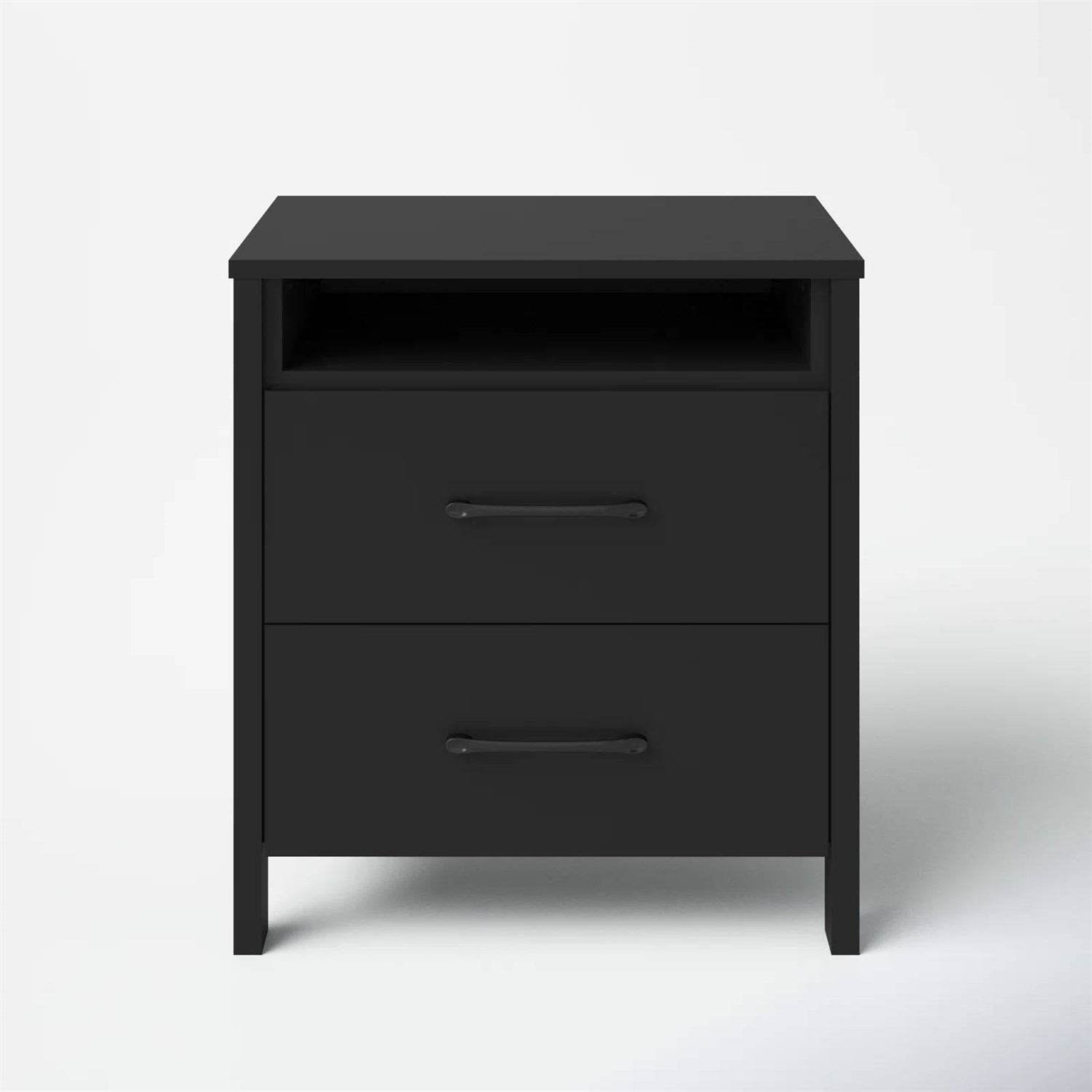 Modern 2-Drawer Nightstand Bedside Table in Black Wood Finish - Loft&Timber
