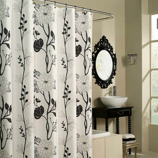 71-inch Boho Black and White Floral Flowers Polyester Fabric Shower Curtain - Loft&Timber