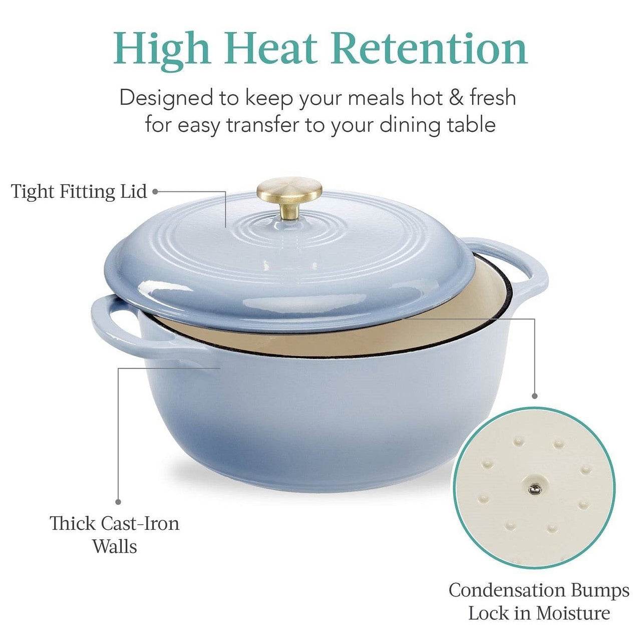 6 Quart Large Baby Blue Enamel Cast-Iron Dutch Oven Kitchen Cookware - Loft&Timber