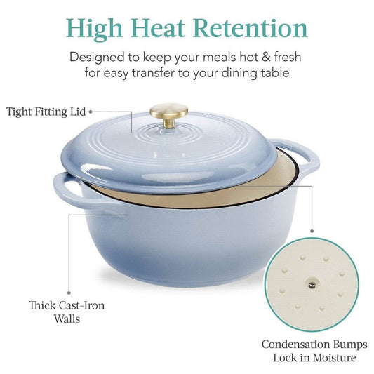 6 Quart Large Baby Blue Enamel Cast-Iron Dutch Oven Kitchen Cookware - Loft&Timber