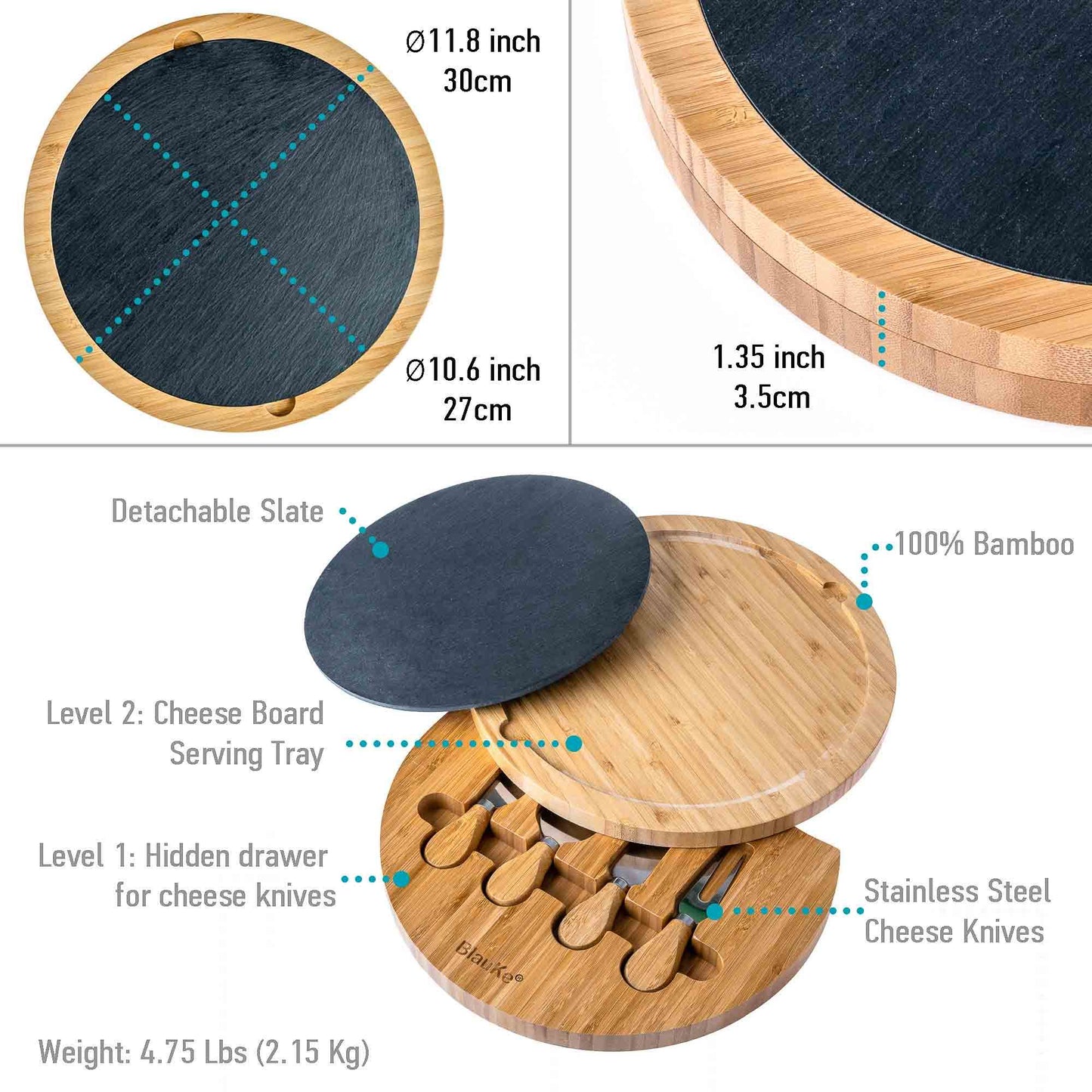 Round Bamboo Cheese Board with Knife Set and Removable Slate - 12 inch Swiveling Charcuterie Board - Loft&Timber