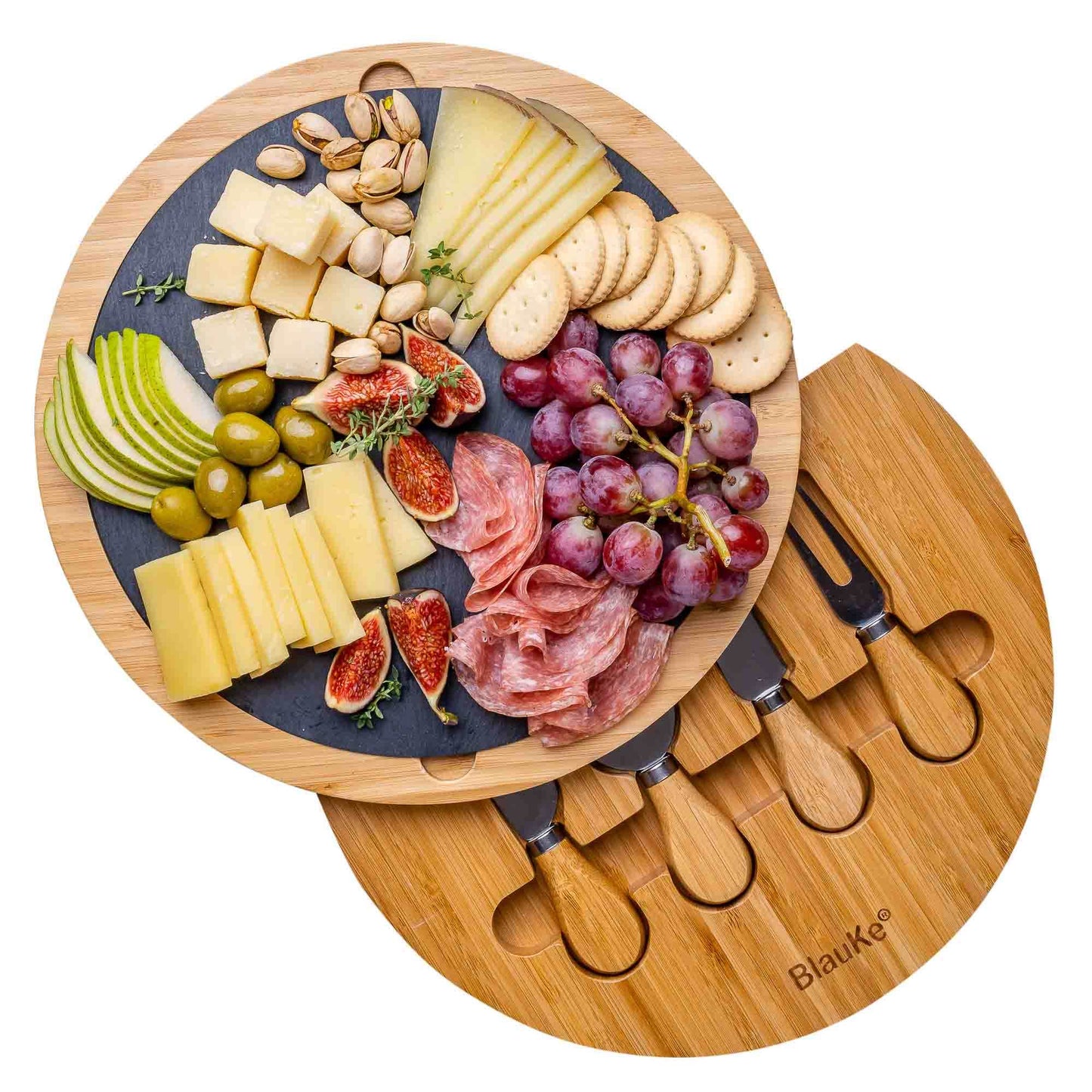 Round Bamboo Cheese Board with Knife Set and Removable Slate - 12 inch Swiveling Charcuterie Board - Loft&Timber