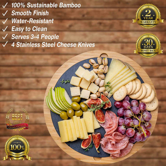 Round Bamboo Cheese Board with Knife Set and Removable Slate - 12 inch Swiveling Charcuterie Board - Loft&Timber