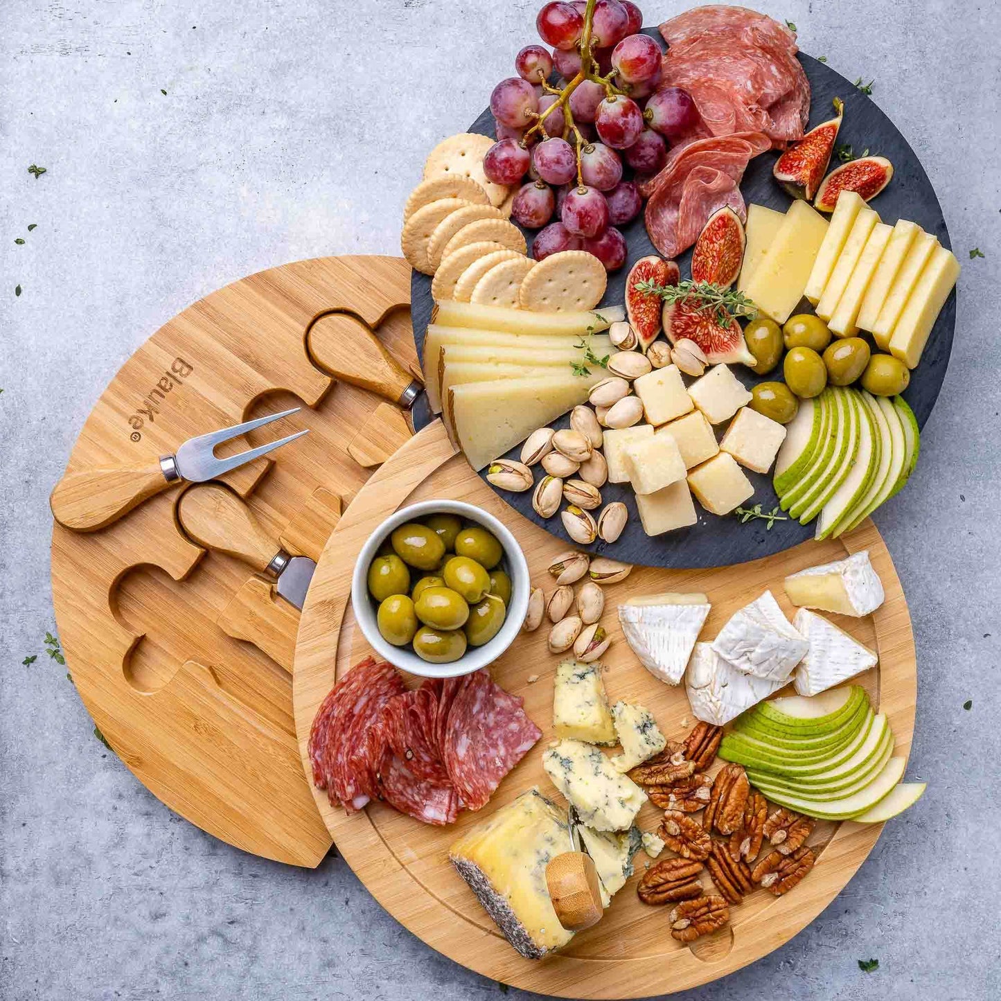 Round Bamboo Cheese Board with Knife Set and Removable Slate - 12 inch Swiveling Charcuterie Board - Loft&Timber