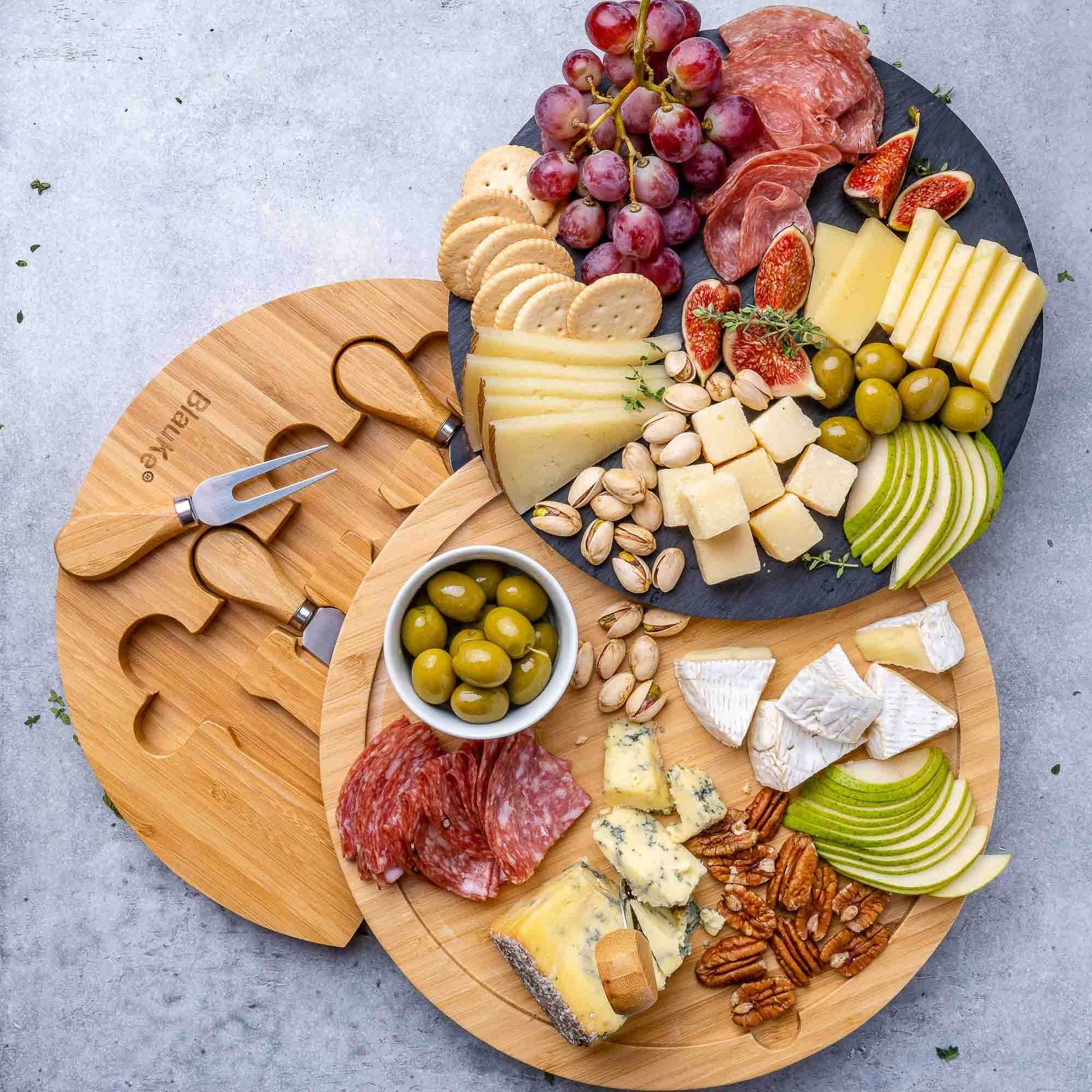 Round Bamboo Cheese Board with Knife Set and Removable Slate - 12 inch Swiveling Charcuterie Board - Loft&Timber